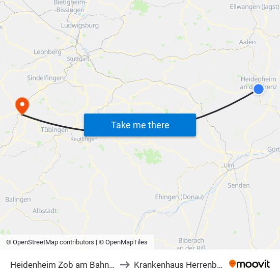 Heidenheim Zob am Bahnhof to Krankenhaus Herrenberg map