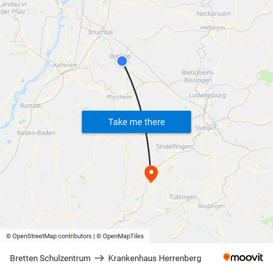 Bretten Schulzentrum to Krankenhaus Herrenberg map