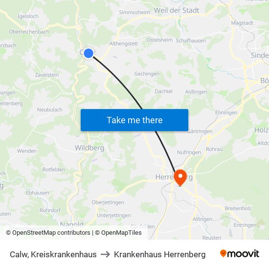 Calw, Kreiskrankenhaus to Krankenhaus Herrenberg map