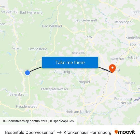 Besenfeld Oberwiesenhof to Krankenhaus Herrenberg map