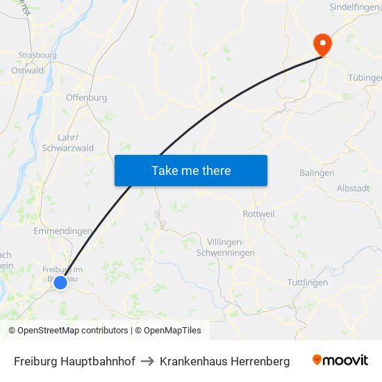 Freiburg Hauptbahnhof to Krankenhaus Herrenberg map