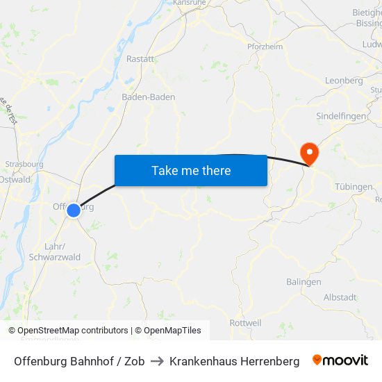 Offenburg Bahnhof / Zob to Krankenhaus Herrenberg map