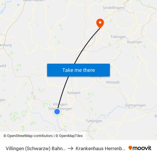 Villingen (Schwarzw) Bahnhof to Krankenhaus Herrenberg map