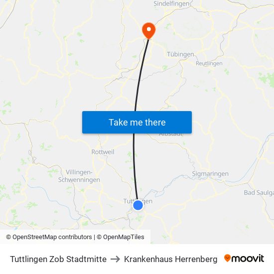 Tuttlingen Zob Stadtmitte to Krankenhaus Herrenberg map