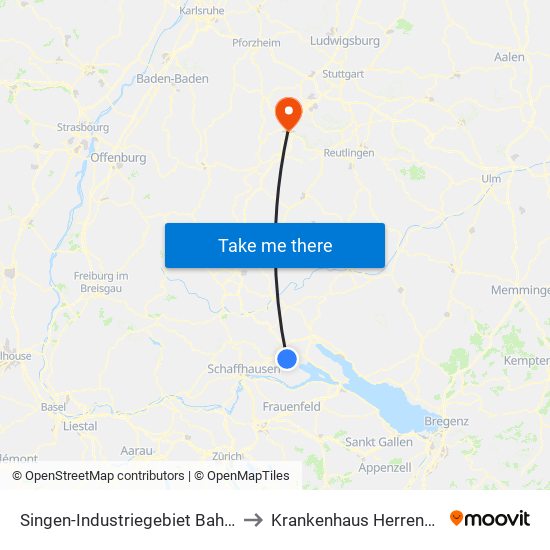 Singen-Industriegebiet Bahnhof to Krankenhaus Herrenberg map