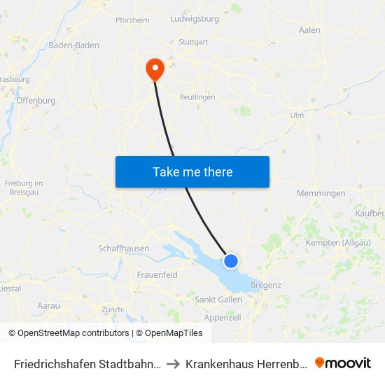 Friedrichshafen Stadtbahnhof to Krankenhaus Herrenberg map