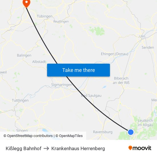 Kißlegg Bahnhof to Krankenhaus Herrenberg map