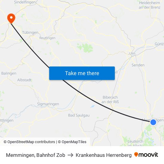 Memmingen, Bahnhof Zob to Krankenhaus Herrenberg map