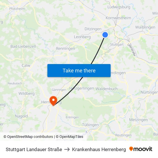 Stuttgart Landauer Straße to Krankenhaus Herrenberg map