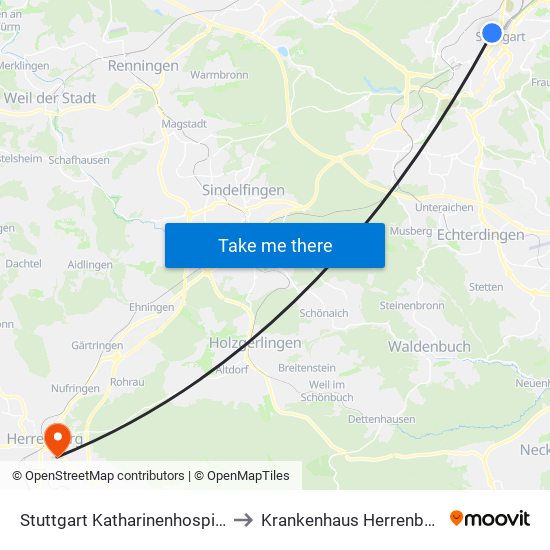 Stuttgart Katharinenhospital to Krankenhaus Herrenberg map