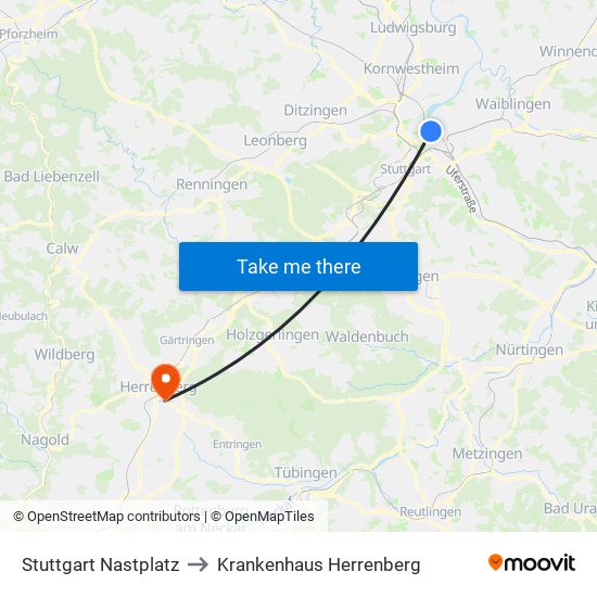 Stuttgart Nastplatz to Krankenhaus Herrenberg map