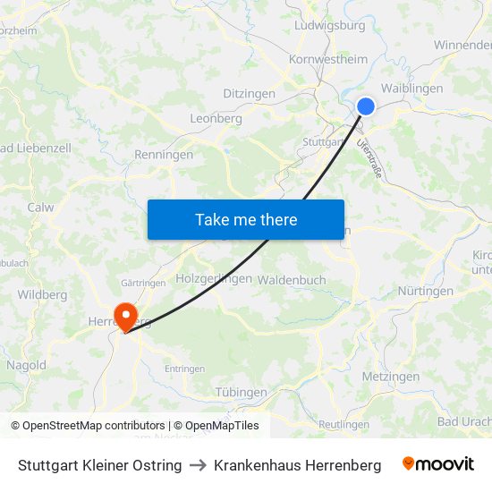 Stuttgart Kleiner Ostring to Krankenhaus Herrenberg map