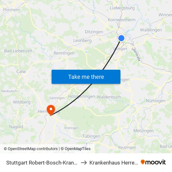 Stuttgart Robert-Bosch-Krankenhaus to Krankenhaus Herrenberg map