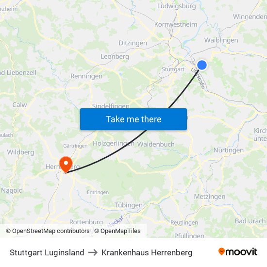 Stuttgart Luginsland to Krankenhaus Herrenberg map