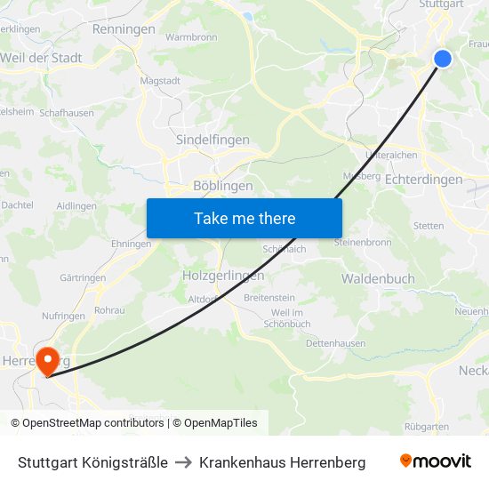 Stuttgart Königsträßle to Krankenhaus Herrenberg map