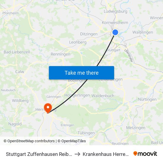 Stuttgart Zuffenhausen Reibedanz to Krankenhaus Herrenberg map