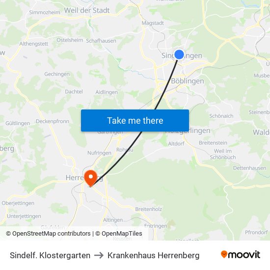 Sindelf. Klostergarten to Krankenhaus Herrenberg map