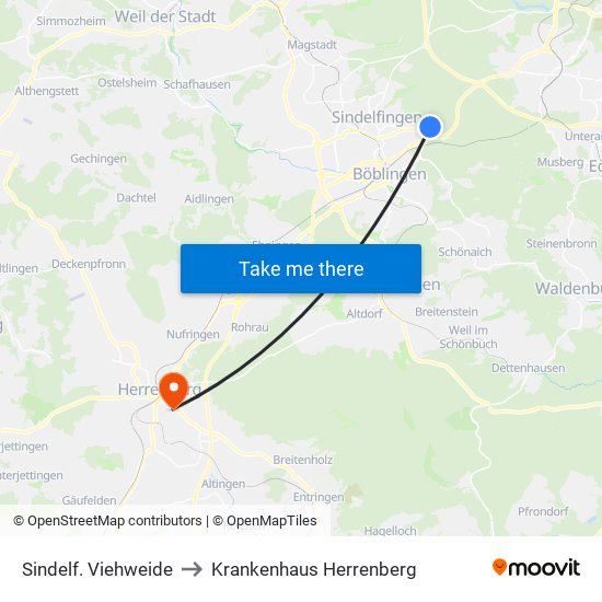 Sindelf. Viehweide to Krankenhaus Herrenberg map