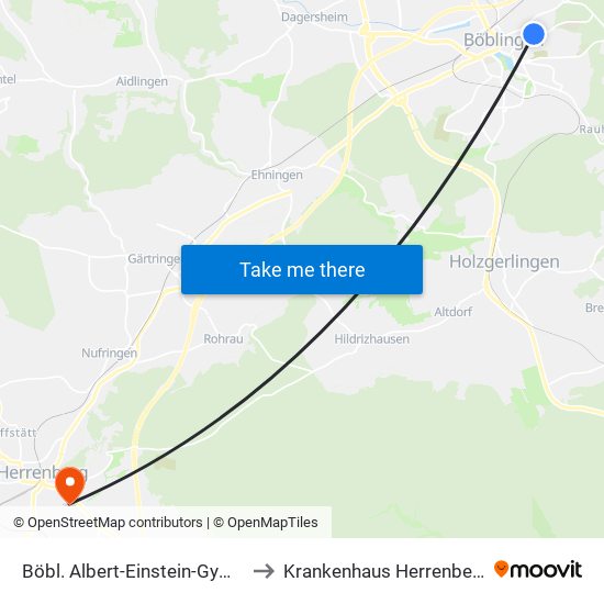 Böbl. Albert-Einstein-Gymn. to Krankenhaus Herrenberg map