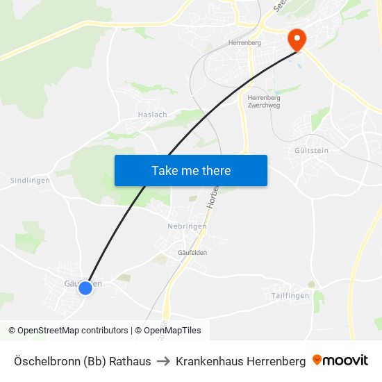 Öschelbronn (Bb) Rathaus to Krankenhaus Herrenberg map