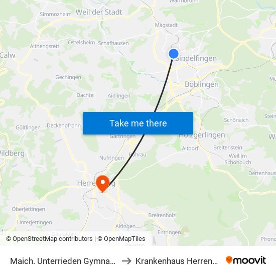 Maich. Unterrieden Gymnasium to Krankenhaus Herrenberg map