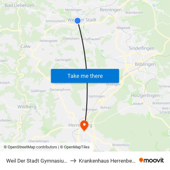 Weil Der Stadt Gymnasium to Krankenhaus Herrenberg map