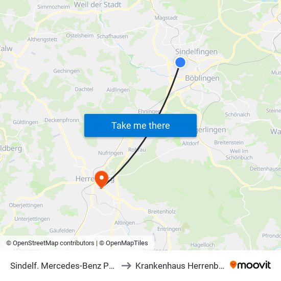 Sindelf. Mercedes-Benz P307 to Krankenhaus Herrenberg map