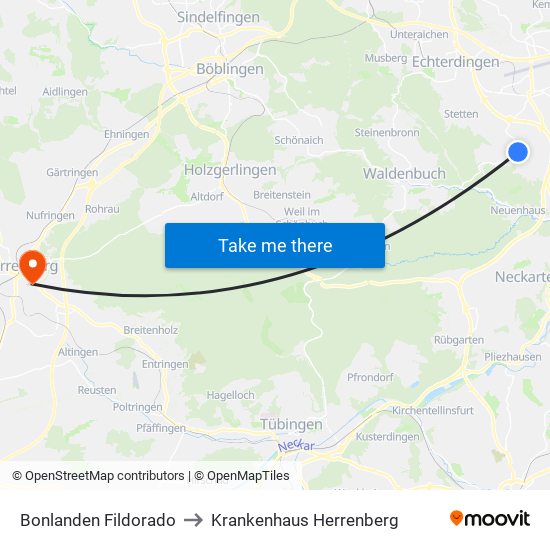 Bonlanden Fildorado to Krankenhaus Herrenberg map