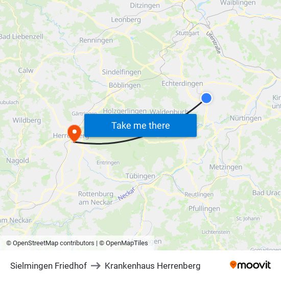 Sielmingen Friedhof to Krankenhaus Herrenberg map