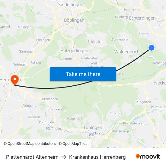 Plattenhardt Altenheim to Krankenhaus Herrenberg map