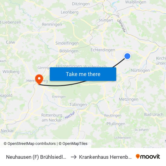 Neuhausen (F) Brühlsiedlung to Krankenhaus Herrenberg map