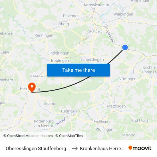 Oberesslingen Stauffenbergstraße to Krankenhaus Herrenberg map
