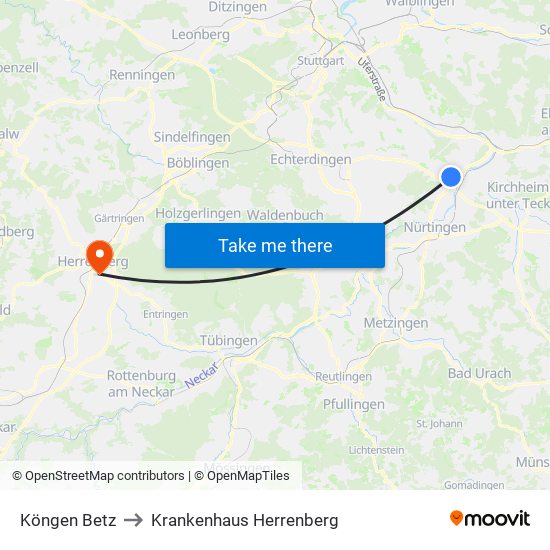 Köngen Betz to Krankenhaus Herrenberg map