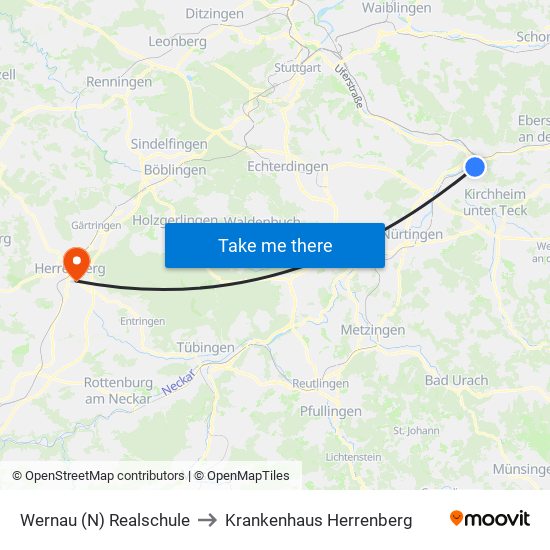 Wernau (N) Realschule to Krankenhaus Herrenberg map