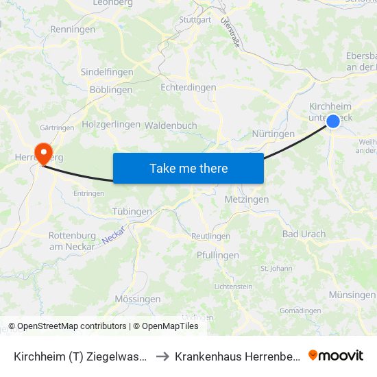 Kirchheim (T) Ziegelwasen to Krankenhaus Herrenberg map