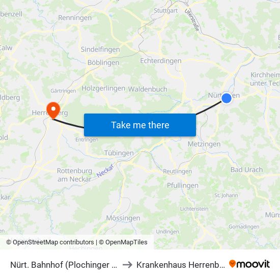 Nürt. Bahnhof (Plochinger Str.) to Krankenhaus Herrenberg map