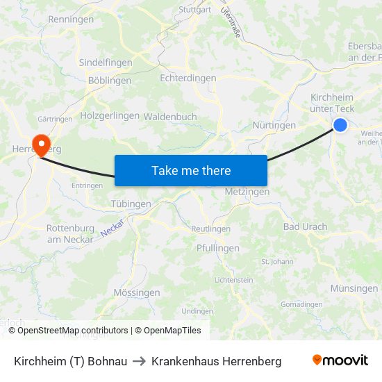 Kirchheim (T) Bohnau to Krankenhaus Herrenberg map
