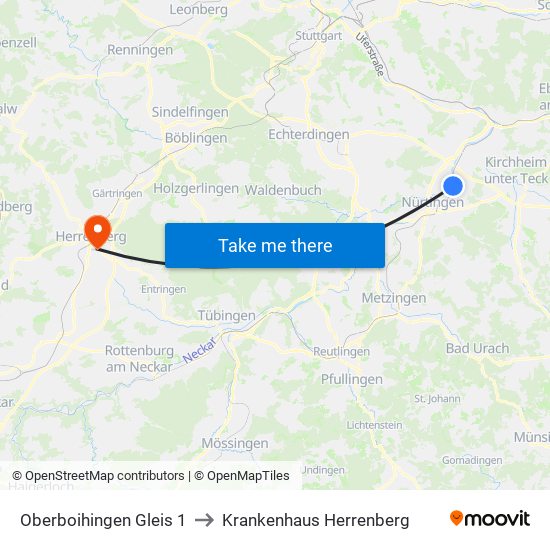Oberboihingen Gleis 1 to Krankenhaus Herrenberg map