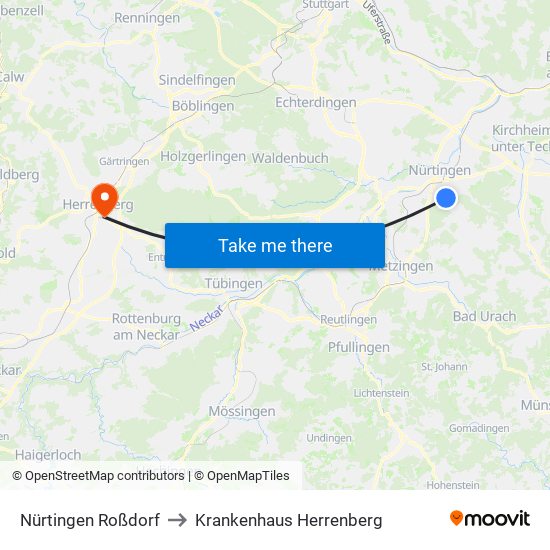 Nürtingen Roßdorf to Krankenhaus Herrenberg map