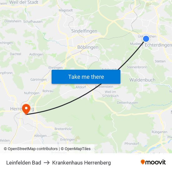 Leinfelden Bad to Krankenhaus Herrenberg map