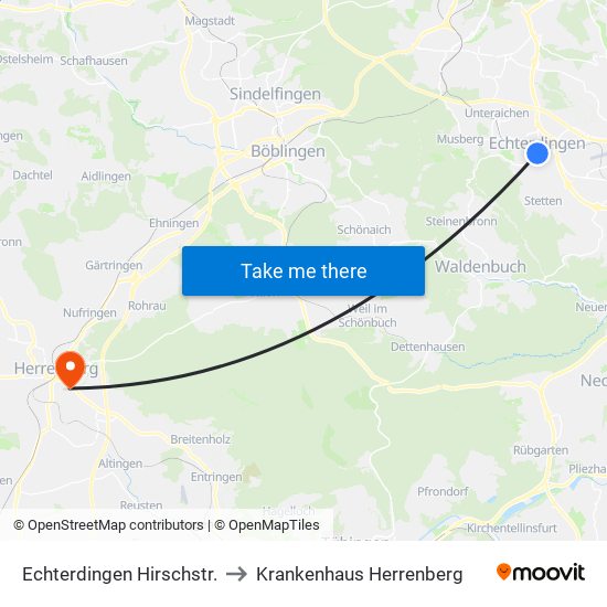 Echterdingen Hirschstr. to Krankenhaus Herrenberg map