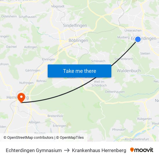 Echterdingen Gymnasium to Krankenhaus Herrenberg map