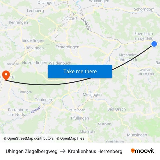 Uhingen Ziegelbergweg to Krankenhaus Herrenberg map