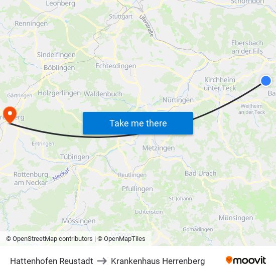 Hattenhofen Reustadt to Krankenhaus Herrenberg map