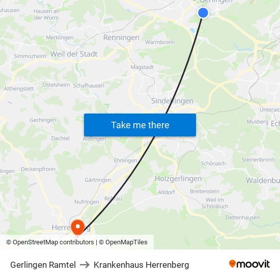 Gerlingen Ramtel to Krankenhaus Herrenberg map