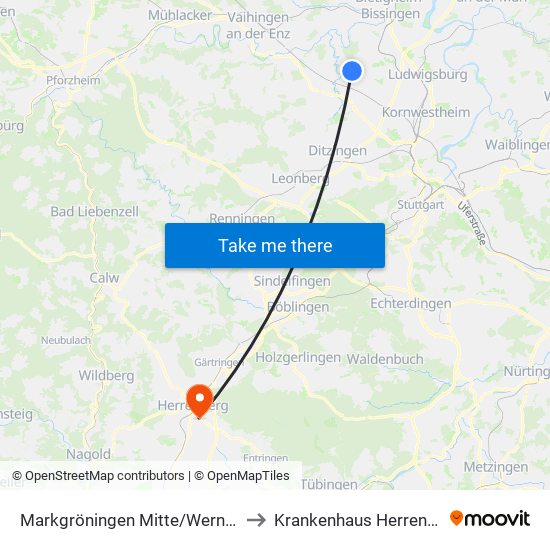 Markgröningen Mitte/Wernerstr. to Krankenhaus Herrenberg map