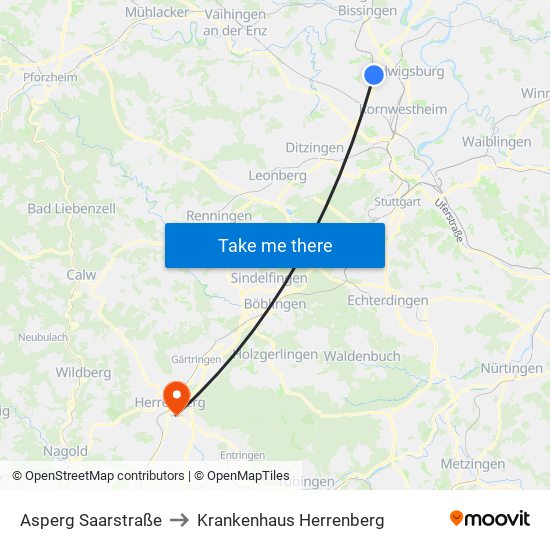 Asperg Saarstraße to Krankenhaus Herrenberg map