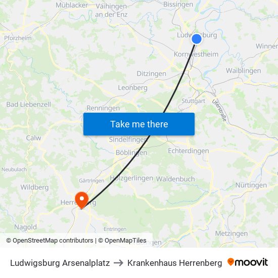 Ludwigsburg Arsenalplatz to Krankenhaus Herrenberg map