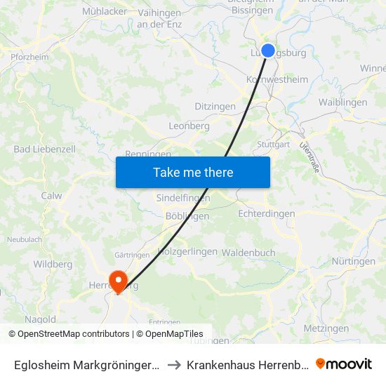 Eglosheim Markgröninger Str. to Krankenhaus Herrenberg map