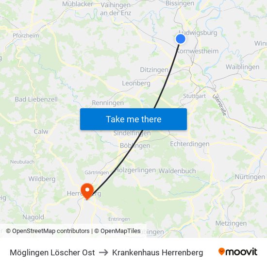 Möglingen Löscher Ost to Krankenhaus Herrenberg map